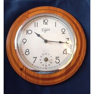 Elgin Wood 11.5"  Round Wall Clock Wood Frame Second Hand Clock Inset
